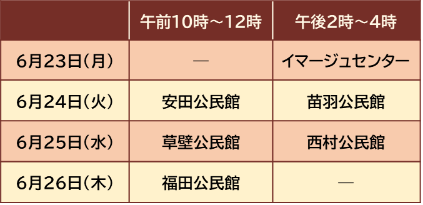 日にち、時間、場所の順に計6か所をご案内します。6月23日月曜日、午後2時から4時、イマージュセンターです。6月24日火曜日、午前10時から12時、安田公民館です。6月24日火曜日、午後2時から午後4時、苗羽公民館です。6月25日水曜日、午前10時から12時、草壁公民館です。6月25日水曜日、午後2時から午後4時、西村公民館です。6月26日水曜日、午前10時から12時、福田公民館です。