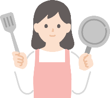 ピンクエプロンをした料理をする女の人のイラストです。