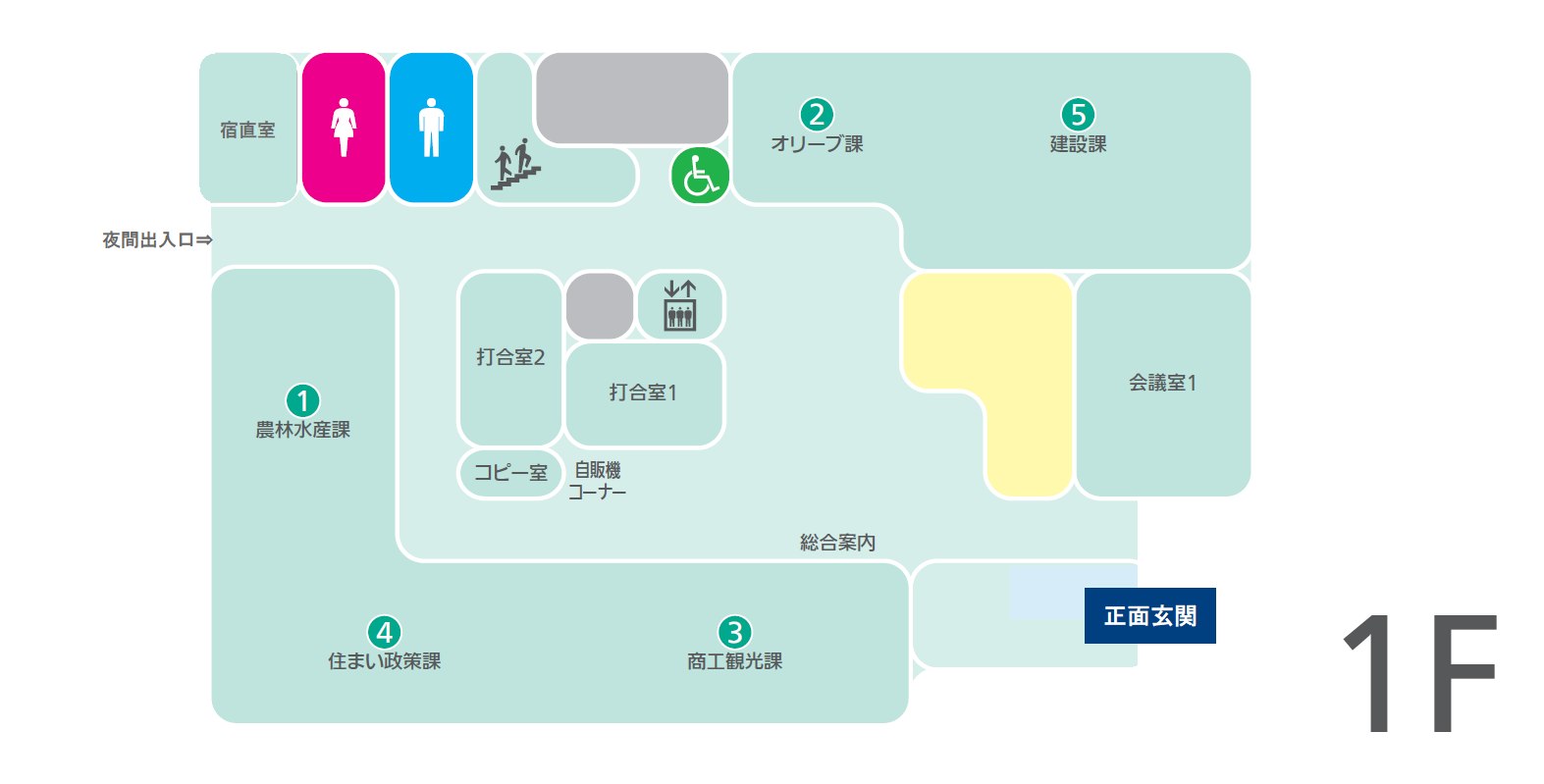 小豆島町役場本館一階の配置図です