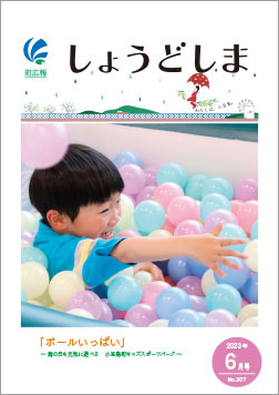 広報6月号の表紙で、カラフルな小さいボールがたくさん入ったプールで楽しそうに遊ぶこどもの画像