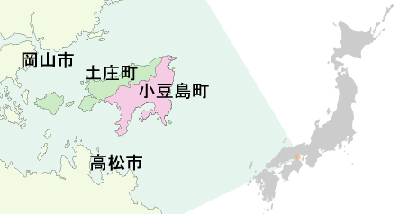 日本列島の地図とともに日本のどこに小豆島町が位置しているかを示している画像