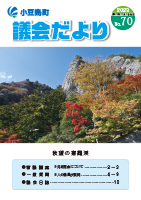 令和5年11月号の小豆島町議会だよりの表紙です。秋望の寒霞渓と題した寒霞渓の紅葉の写真が真ん中に大きく掲載されています。