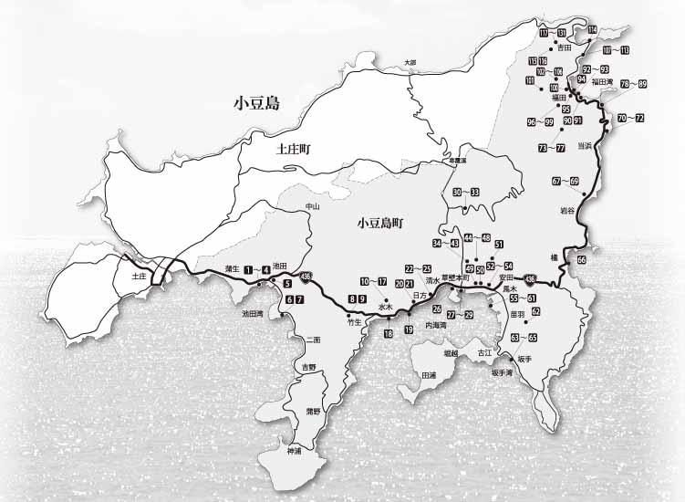 石彫の場所が示された小豆島全域の地図