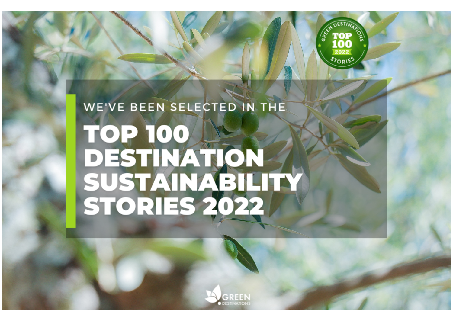 世界の持続可能な観光地TOP100選のロゴマークとオリーブの写真