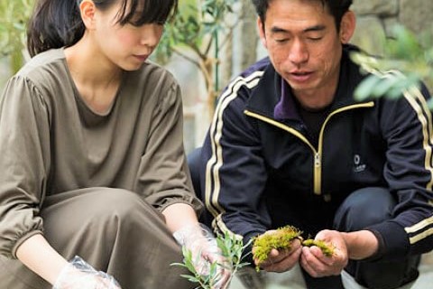 寄せ植え体験を楽しむ人々の写真