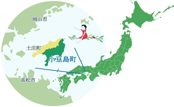 小豆島町の地図。瀬戸内海の小豆島の南東部に位置する。なお小豆島の北端は当町域にあり香川県の最北端でもある。